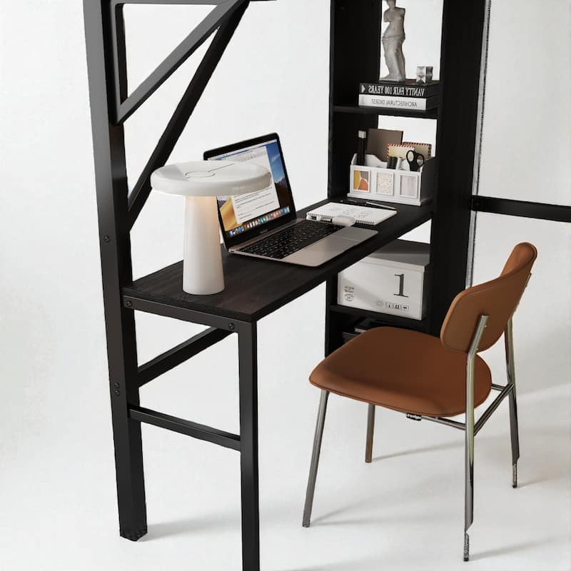 Full Over Twin Metal Bunk Bed with Desk, Bookshelves, LED Lights & Charging Station, Detachable Loft Bed