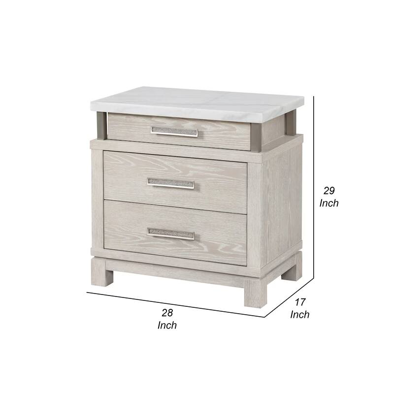 Loji Nightstand, 3 Drawers, White Marble Top, Weathered Gray, 29 Inch