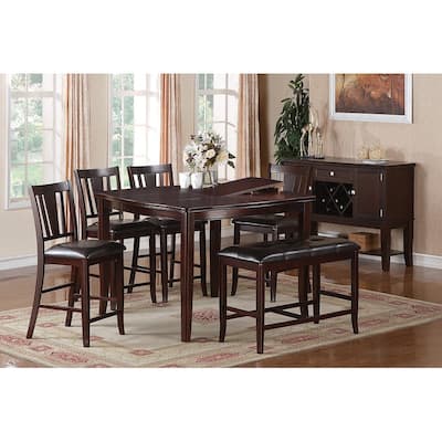 6 Pcs Counter Height Dining Table Set with Butterfly Leaf, Wooden Kitchen Furniture Set with 4 PU Upholstered Chairs & 1 Bench