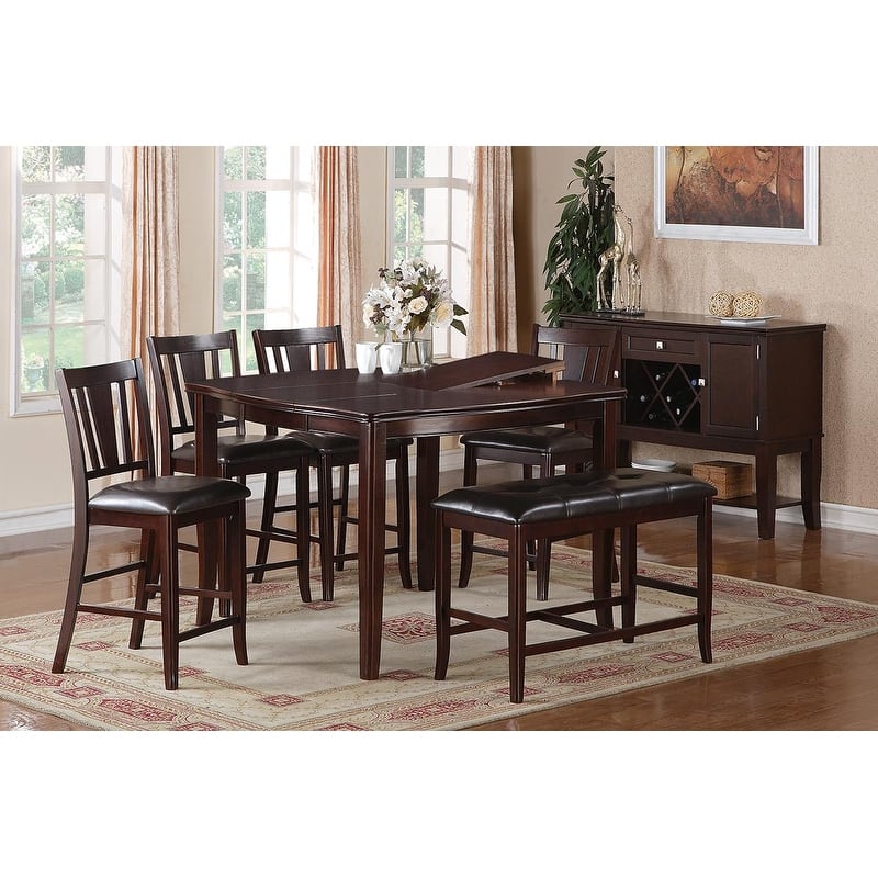 6 Pcs Counter Height Dining Table Set with Butterfly Leaf, Wooden Kitchen Furniture Set with 4 PU Upholstered Chairs & 1 Bench