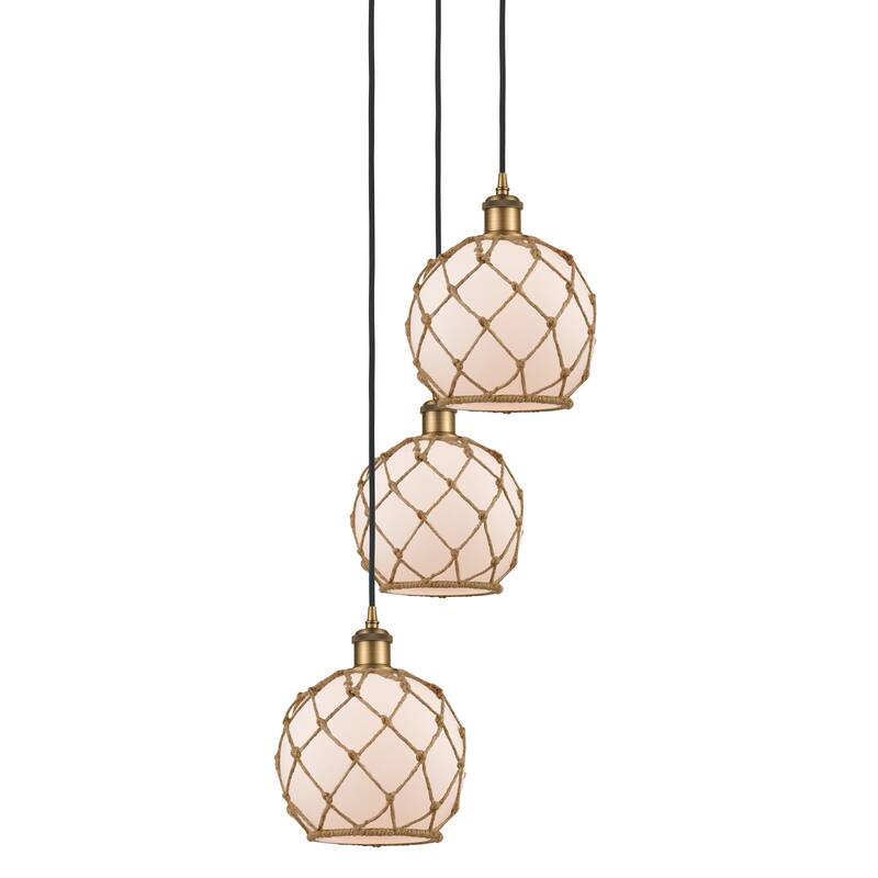 Innovations Lighting 113B-3P-31-15 Farmhouse Rope Pendant Farmhouse - Brushed Brass / White Glass with Brown Rope
