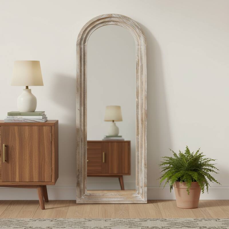 HomeRoots 71" White Solid Wood Arch Freestanding Framed Full Length Mirror - 31.00 in. x 71.00 in. x 0.79 in. - 31.00 in. x 71.00 in.  x 0.79 in.