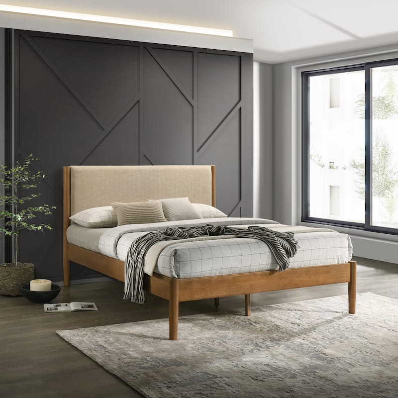 Roundhill Furniture Vichy Platform Bed, Light Walnut, Queen - Textured Polyester
