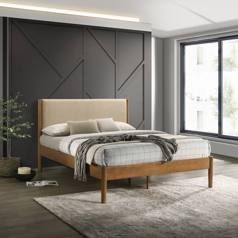 Vichy 5-Piece Rubberwood Bedroom Set with Textured Polyester Upholstered Queen Bed, Dresser, Mirror, Nightstand, and Chest