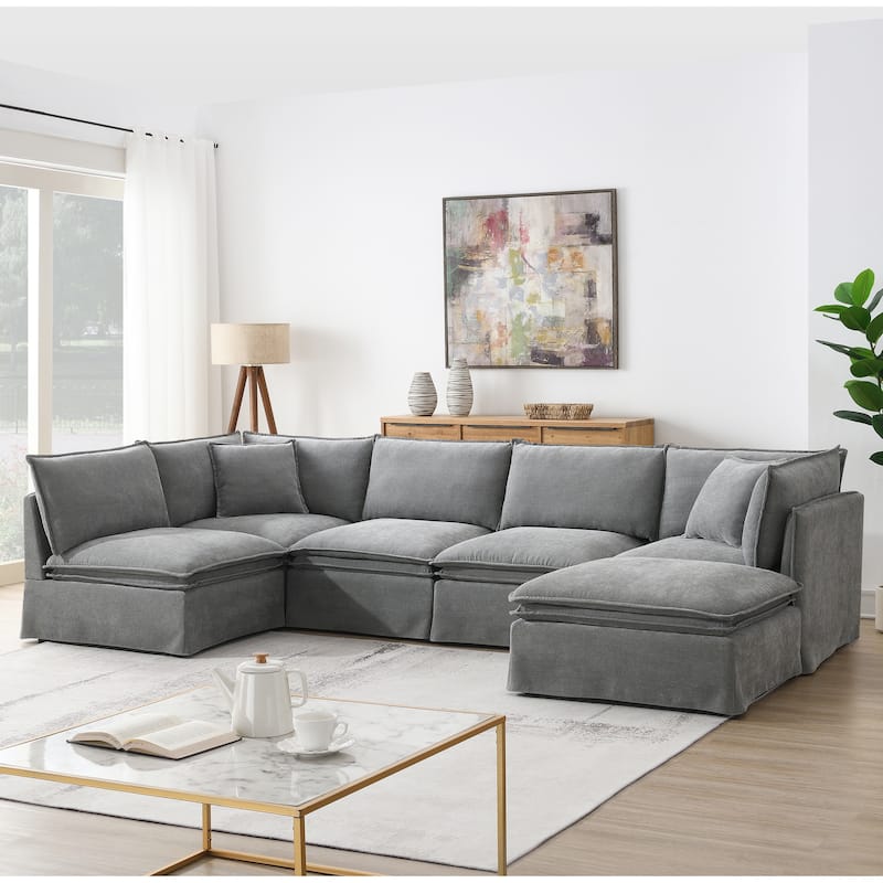 6-Seater Oversized Chenille Couch with Movable Ottoman by Harper&Bright Designs