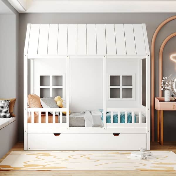 slide 2 of 13, Twin Size White Wooden House Bed Safety Toddler Bed Frame with Twin Size Trundle, Apex Roof, Safety Guardrail, Windows White - Twin