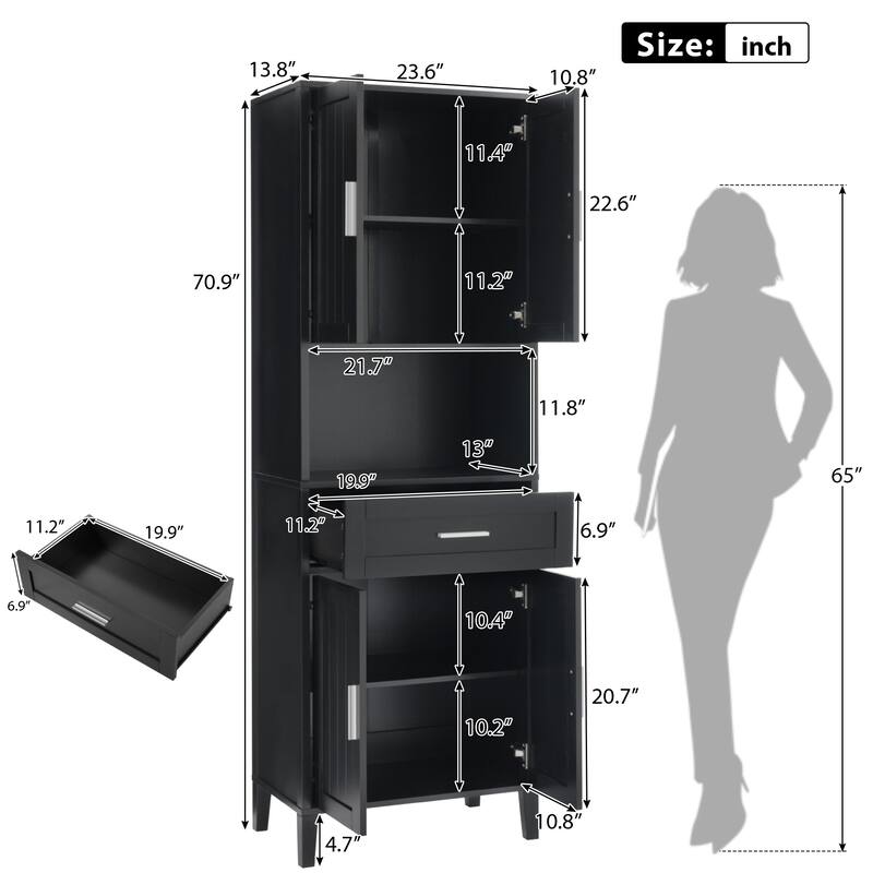 70.9" High Freestanding Tall Bathroom Cabinet with a Drawer, 2 Cabinets, 4 Soft-Close Doors, 2 Adjustable Shelves, Open Storage
