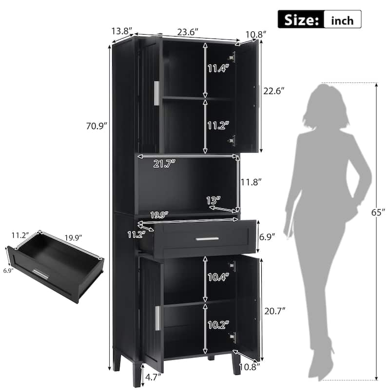 70.9" Tall Storage Cabinet - 4 Soft-Close Doors, 1 Drawer & 2 Adjustable Shelves. Perfect for Bathroom, Laundry or Living Room.