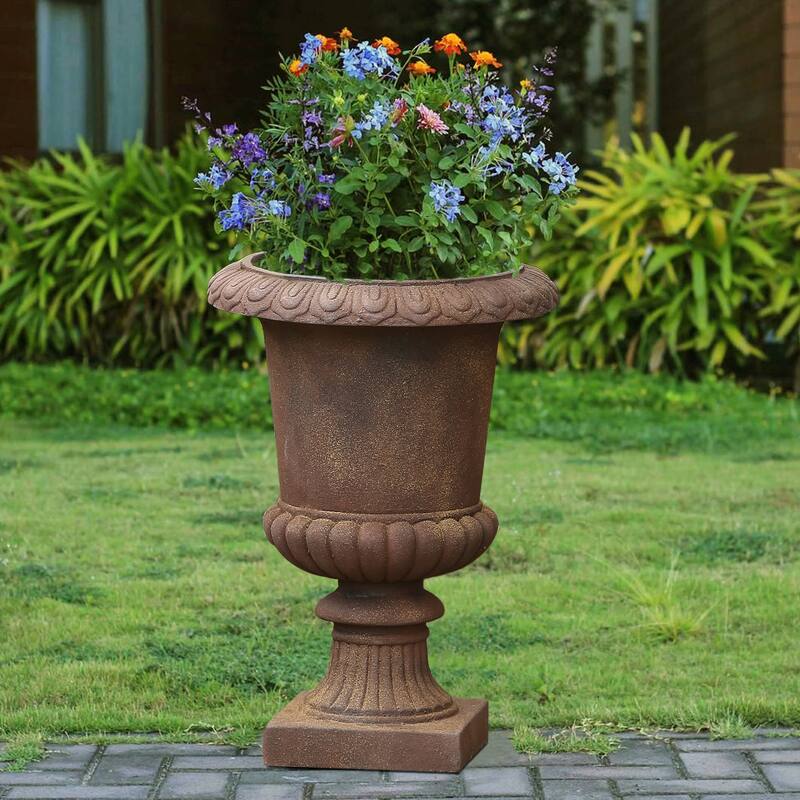 21.3" H Handmade Rustic Brown Fiber Stone Tall Urn Planter Pots - 21.3" H