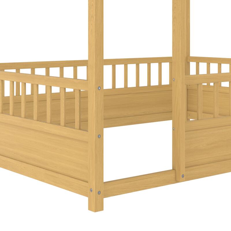 Natural Wooden Montessori Toddler Bed Floor House Bed Frame with Safety High Fence, Open Entran and Roof Design