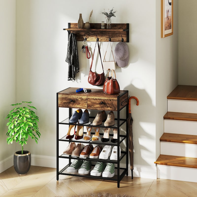 Gymax 5-Tier Shoe Rack w/ Wall-Mounted Coat Rack Hooks Drawers &