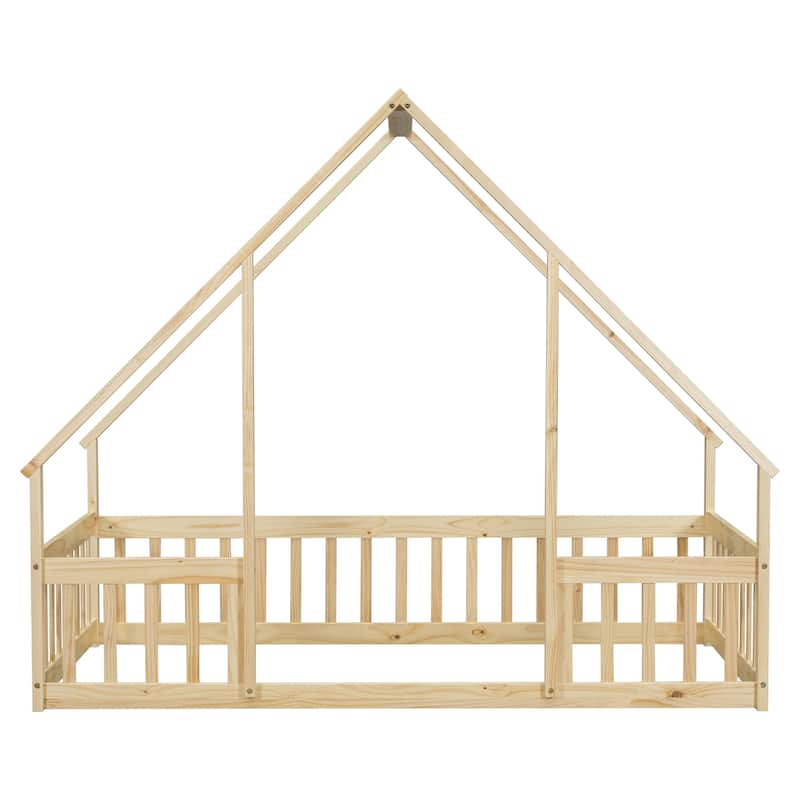 Natural Twin Size Pine House-Shaped Floor Bed with Roof & Guardrails