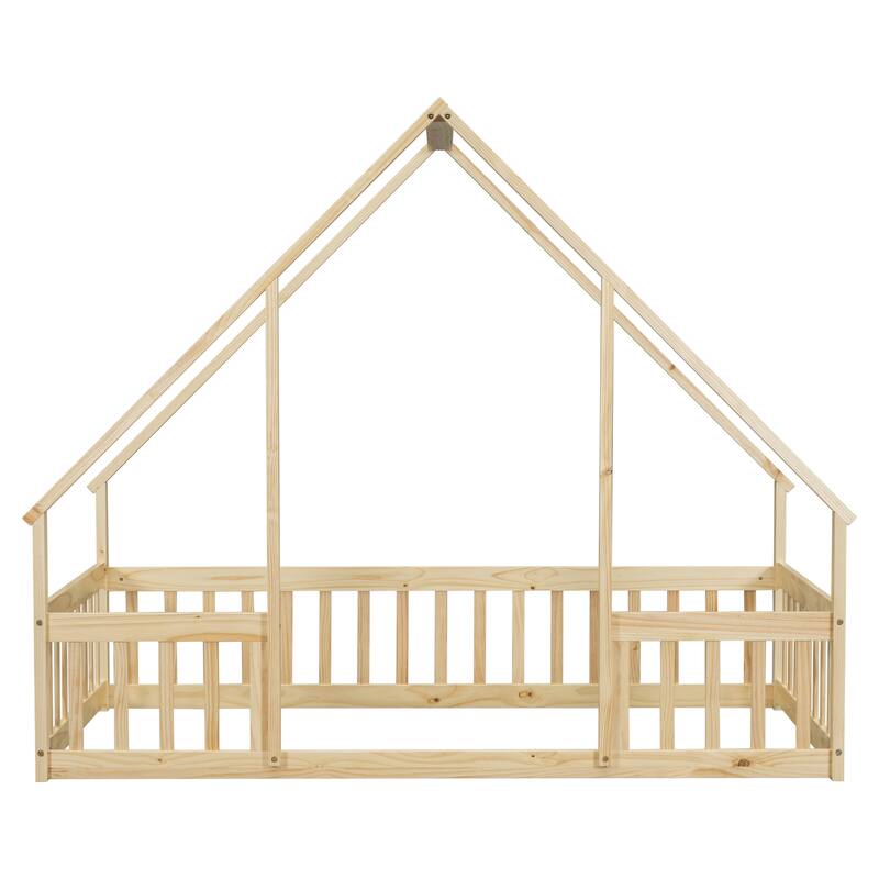 Twin Wood House-Shaped Floor Bed with Fence and Guardrails in Natural Finish