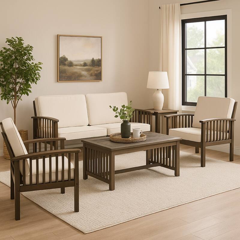 Sayan 4pc Outdoor Coffee Table Set, Loveseat, 2 Chairs, Beige and Gray