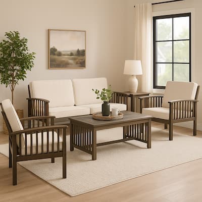 Sayan 4pc Outdoor Coffee Table Set, Loveseat, 2 Chairs, Beige and Gray