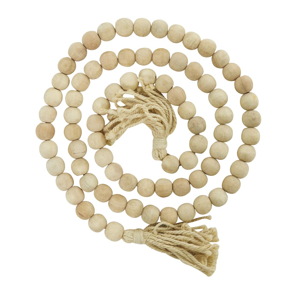 Mango Wood Handmade Round Long Carved Beaded Garland with Tassel - Roche River Decor