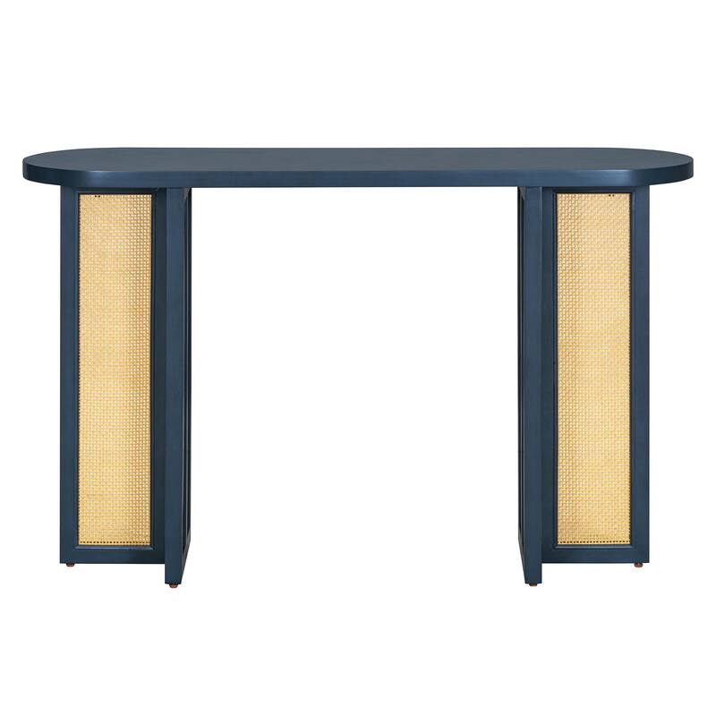 Boho Rattan Console Table Oval Entryway Table, Rubber Solid Wood Frame Sofa Table Display Table Hallway Table for Living Room