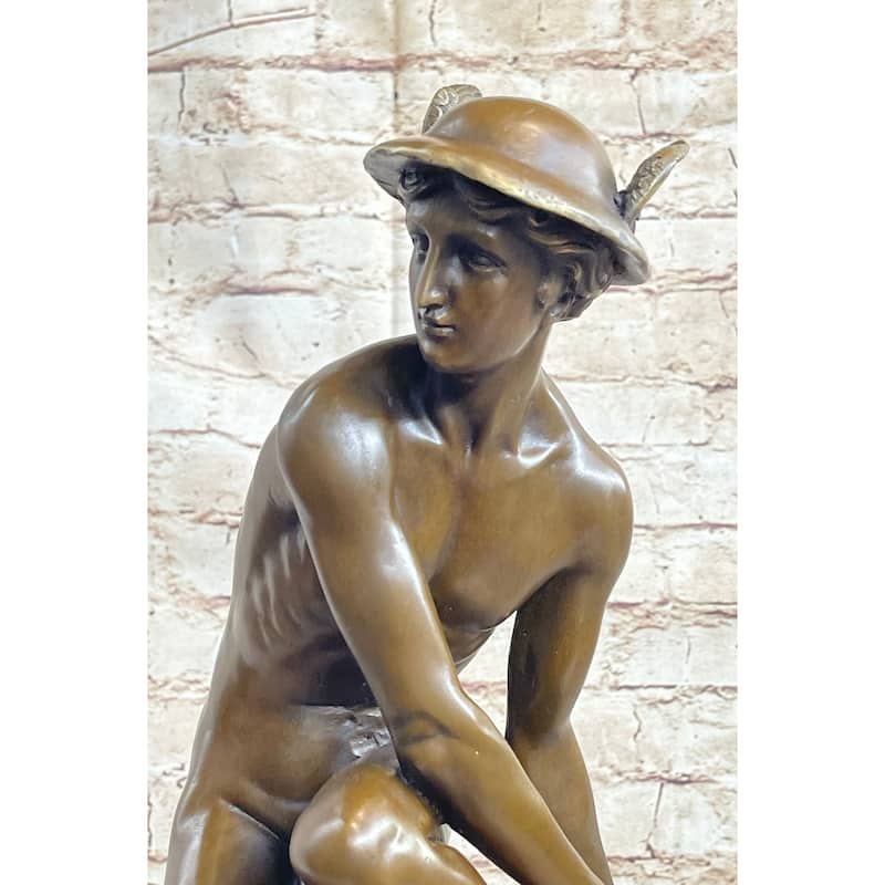 Mercury Hermes Greek Roman God Bronze Statue Sculpture On Marble Base