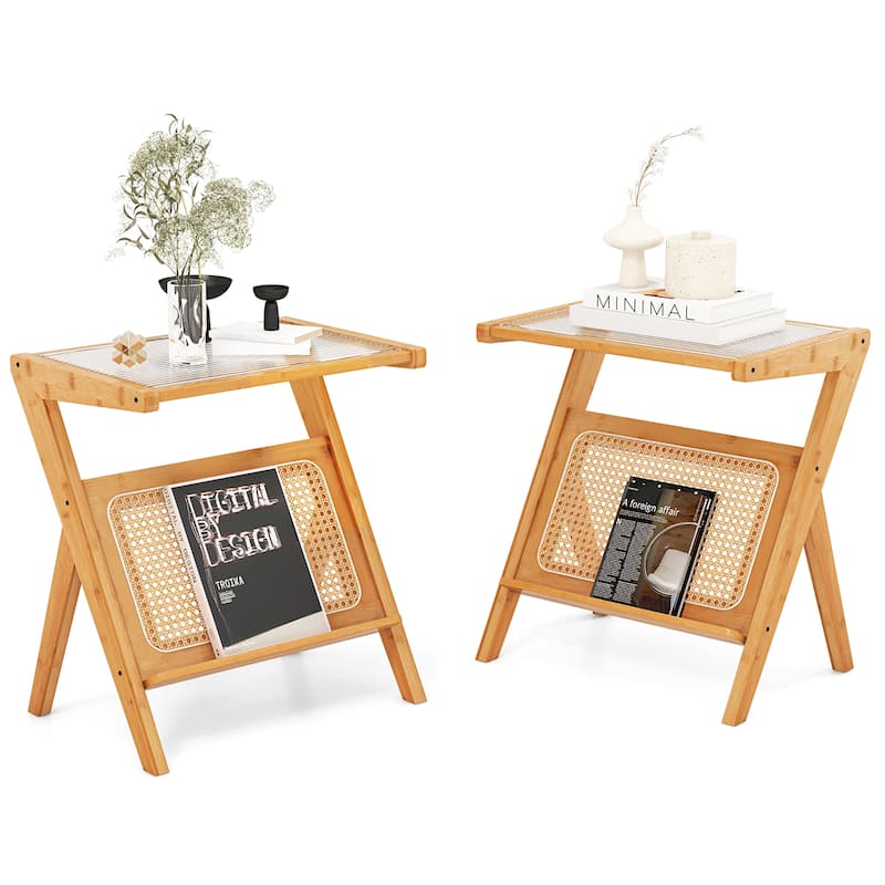 Gymax 2 Pieces Boho End Table with Magazine Rack Versatile Bamboo - Natural - Glass