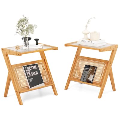 Gymax 2 Pieces Boho End Table with Magazine Rack Versatile Bamboo