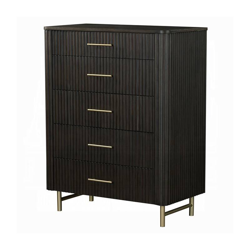 Jeh Tall Dresser Chest, 5 Drawers, Espresso Brown Wood and Gold Metal