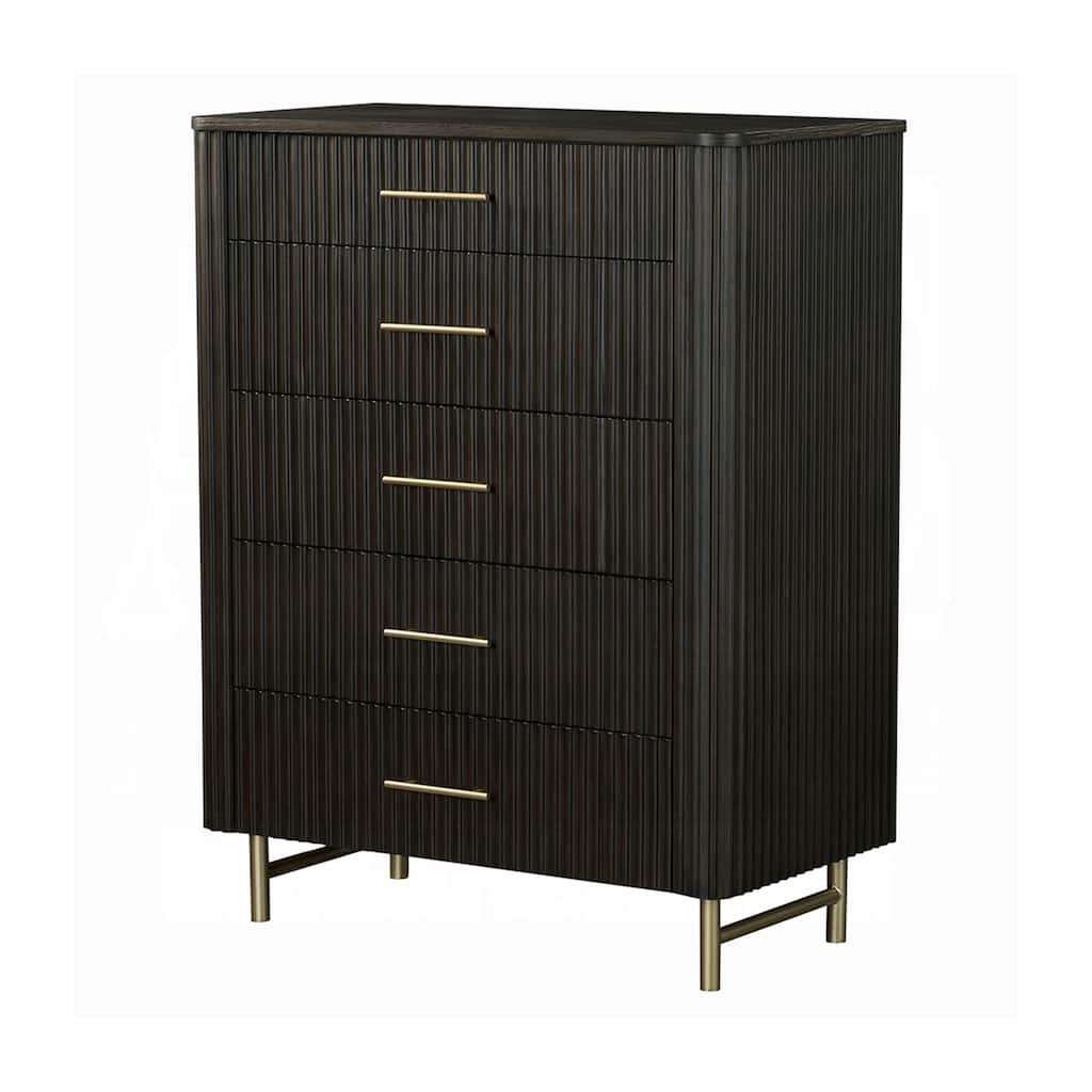 Jeh Tall Dresser Chest, 5 Drawers, Espresso Brown Wood and Gold Metal