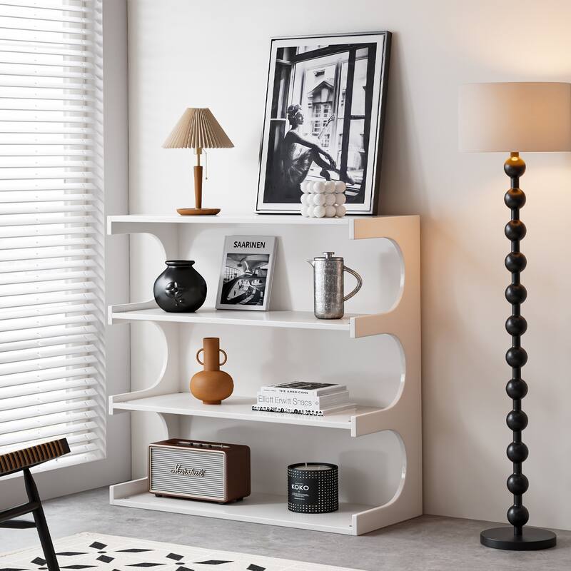 Multifunctional 4-Tier White Book Shelf & Coffee Table, Creative Furniture Floor Bookshelf, Minimalist Organizer Storage Shelves - White