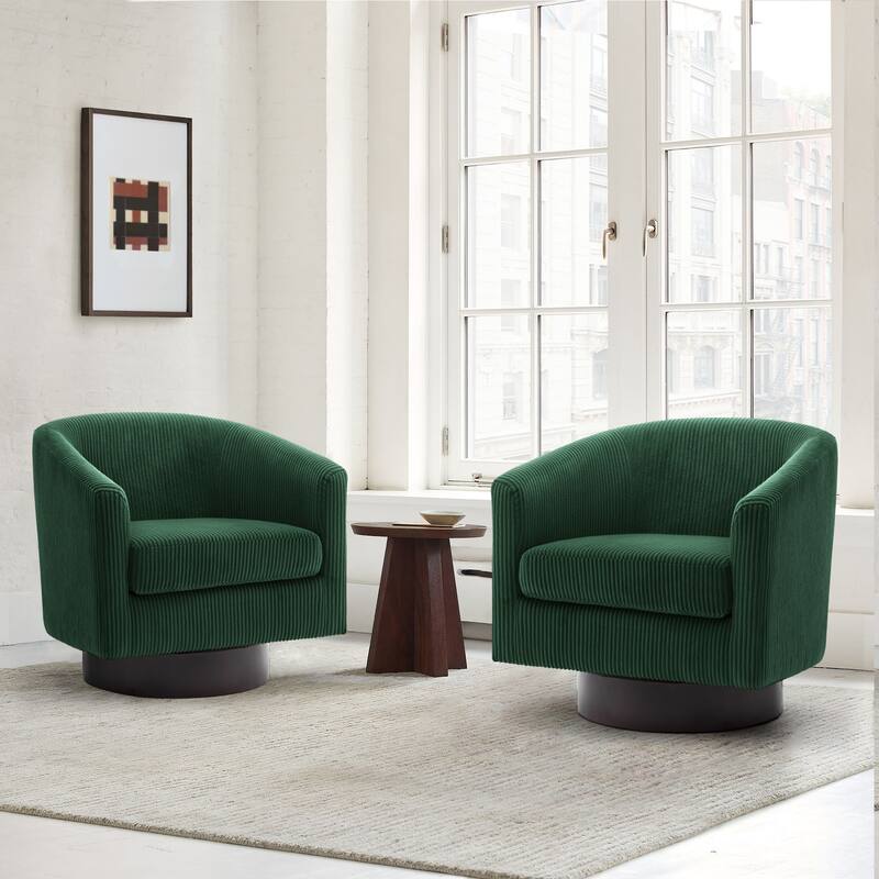 2 Set 360° Swivel Corduroy Accent Chairs Barrel Armchairs - Dark Green