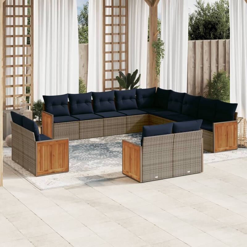 vidaXL 13/14 Piece Patio Sofa Set with Cushions Black/Gray Poly Rattan - 21.7 x 24.4 x 27.2 - Gray Without table
