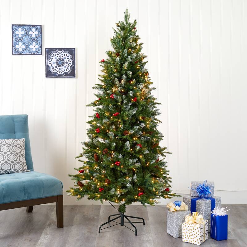 6' Pre-Lit Portland Spruce Frosted Artificial Christmas Tree, Clear LED Lights - 6 Foot