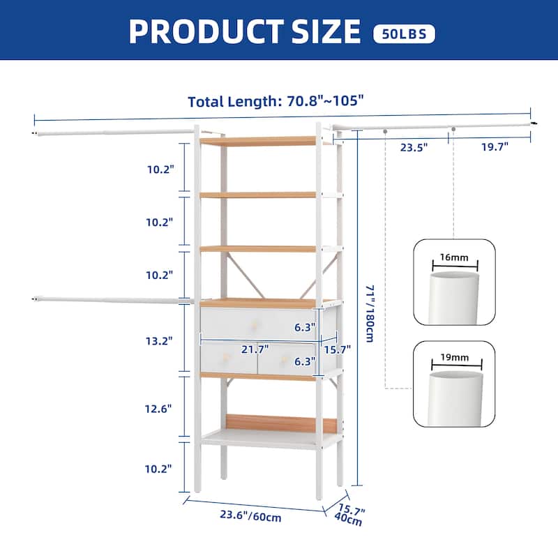 Moasis 70.8"-105"L Closet Storage Organizer with Shelves and 3 Expandable Hanger Rods