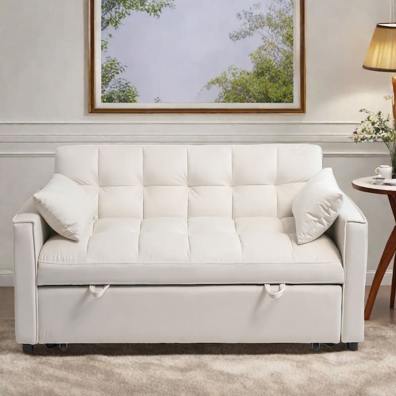 55.91" Velvet 4-Seater Sleeper Sofa with Storage Pockets and 2 Pillows, Adjustable Backrest - Cream Color