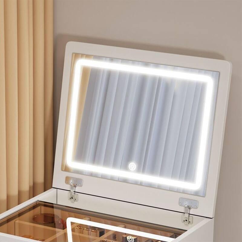 White MDF 3-in-1 Dressing Table with Flip Mirror Glass Top and 3 Drawers and Lighted Vanity Set - 23.6”L x 15.75”W x 31.5”H
