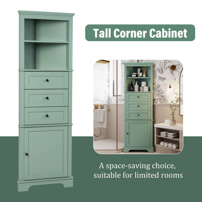 Space-Saving Triangular Bathroom Storage Cabinet with Drawers & Door, Painted MDF Corner Tower Organizer