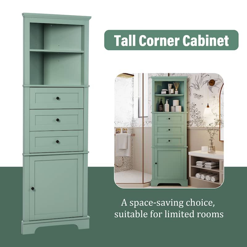 Triangle Tall Cabinet with 3 Drawers and Adjustable Shelves for Bathroom