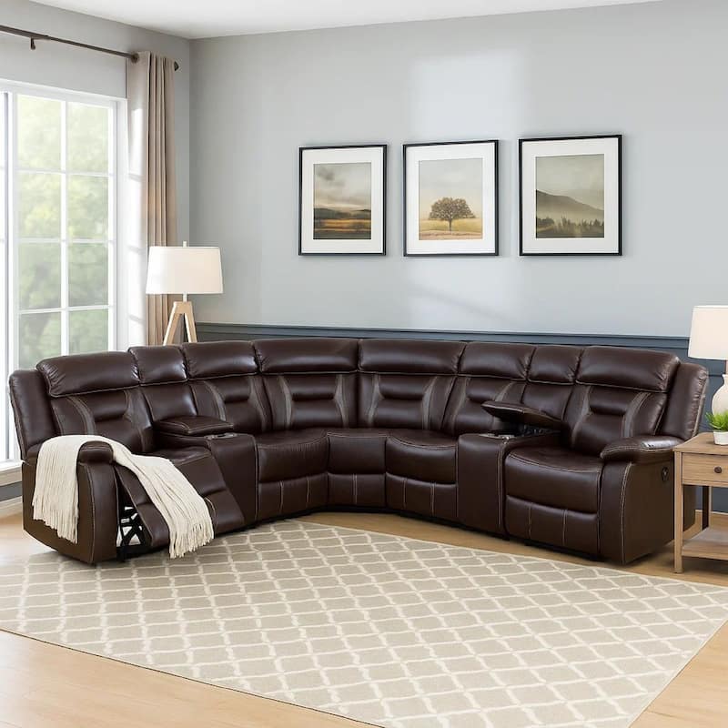 Lof Power Reclining Sectional Sofa Set, USB Port, Brown Gel Faux Leather