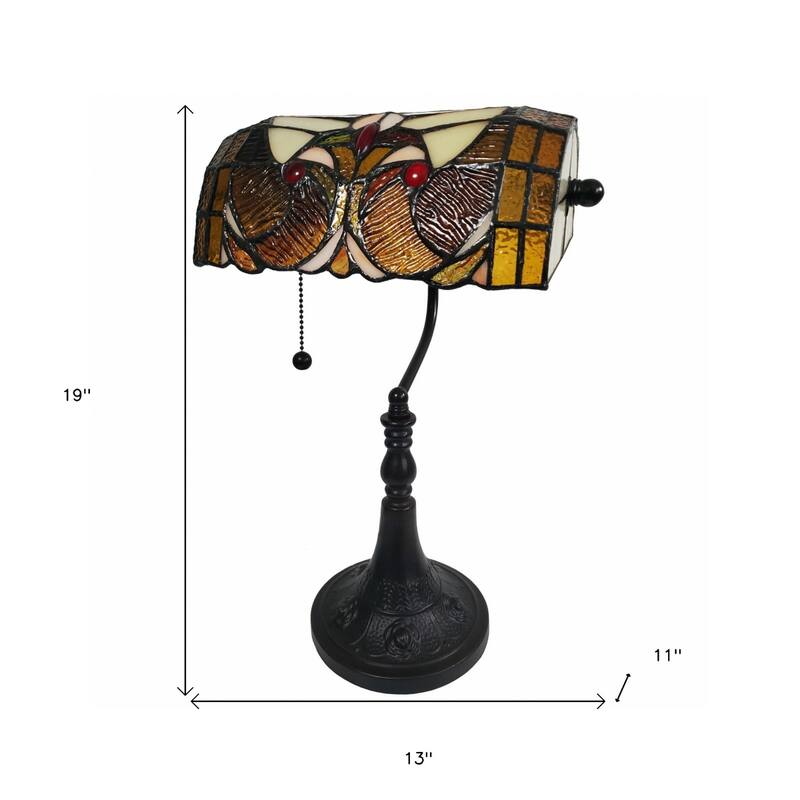 Dark Brown Resin Table Lamp with Gold Dome-Stained Glass Shade Pull Chain - 11” x 13” x 19” (D x W x H)
