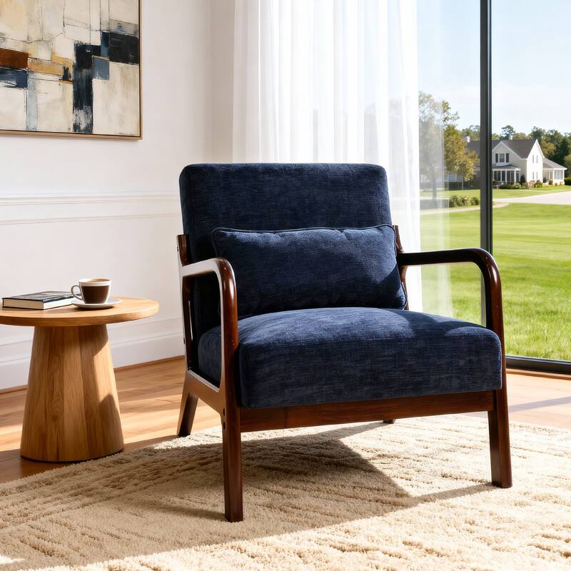 Armchair Solid Wood Frame Accent Chair with Detachable Lumbar Pillow Living Room Chairs - Antique Blue