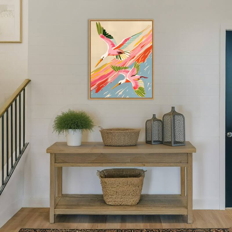 Roseate Spoonbills Sky Ballet by Uma Gokhale Framed Canvas Wall Art