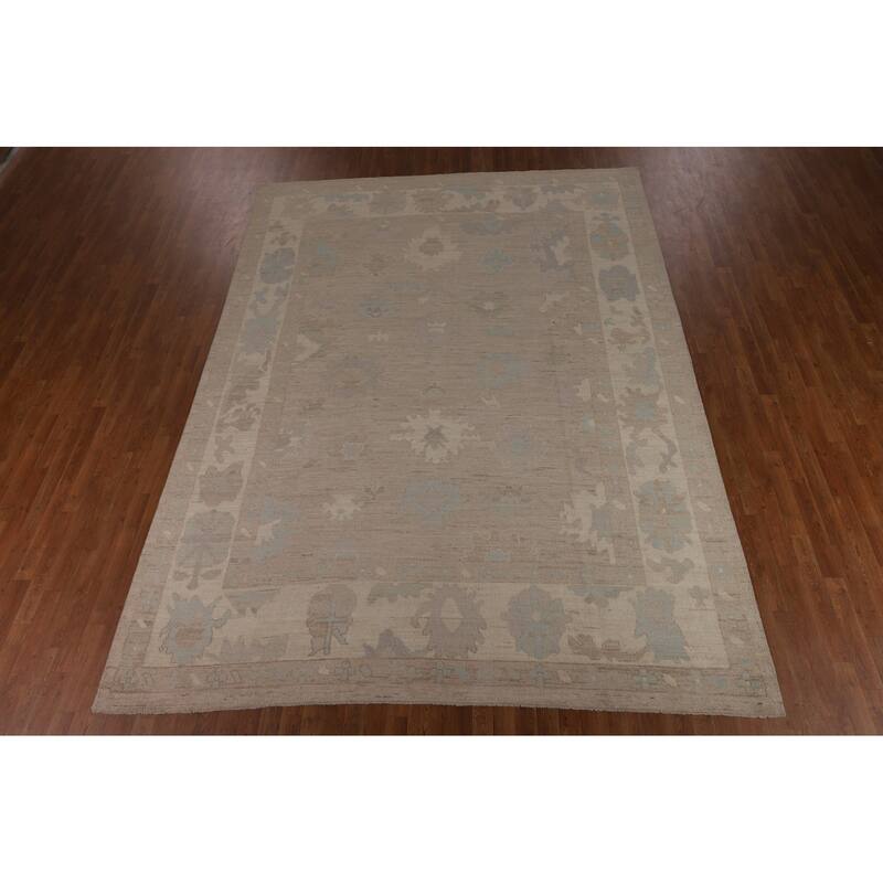 Transitional Beige Oushak Turkish Area Rug Hand-Knotted Wool Carpet - 8'11"x 11'10"