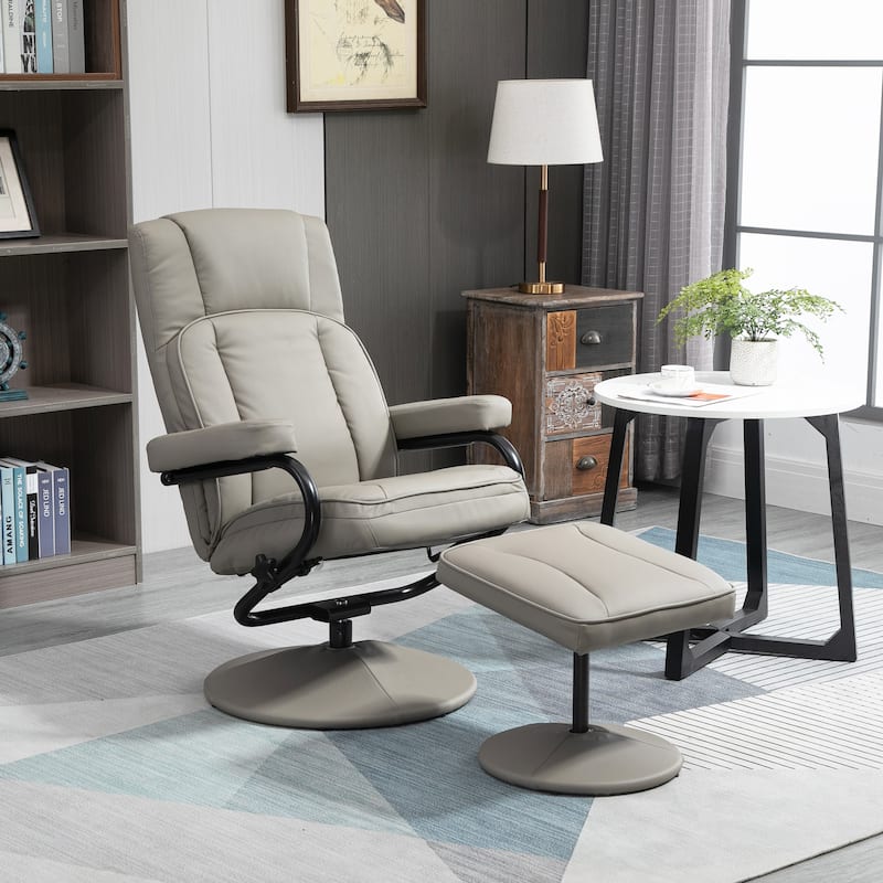 HOMCOM Swivel Recliner, Manual PU Leather Armchair with Ottoman Footrest for Living Room, Office, Bedroom - Grey