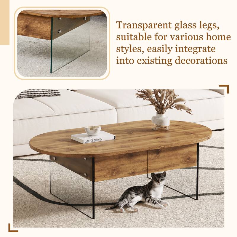 Anmytek Wood Tone Oval Coffee Table with 2 Drawers Modern Living Room Storage Centerpiece