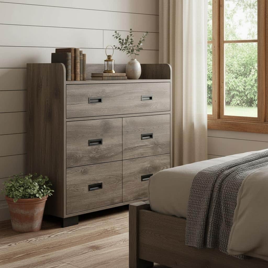 HomeRoots 33" Dark Brown Wood Five Drawer Double Dresser