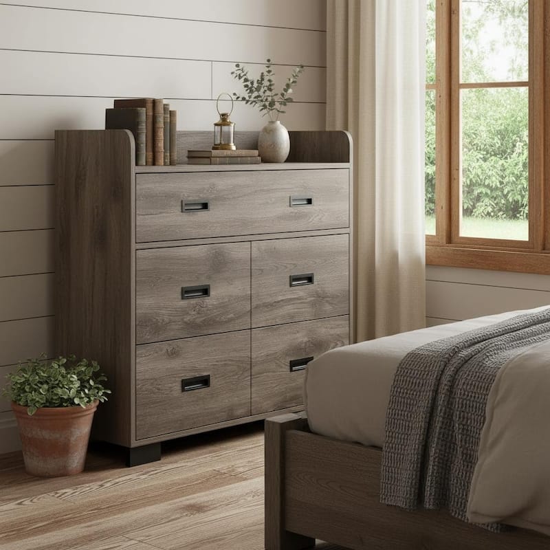 HomeRoots 33" Dark Brown Wood Five Drawer Double Dresser - Dark Brown - 5-drawer