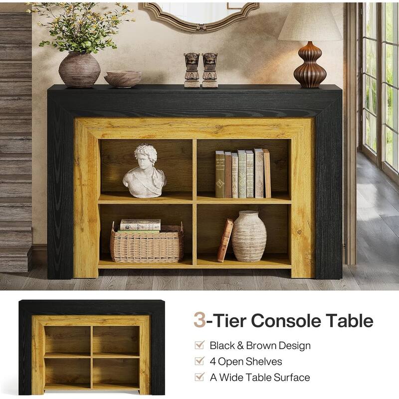 47-Inch Black & Brown 3-Tier MDF Entryway Table, Farmhouse Rectangle Sofa Table with Storage for Living Room