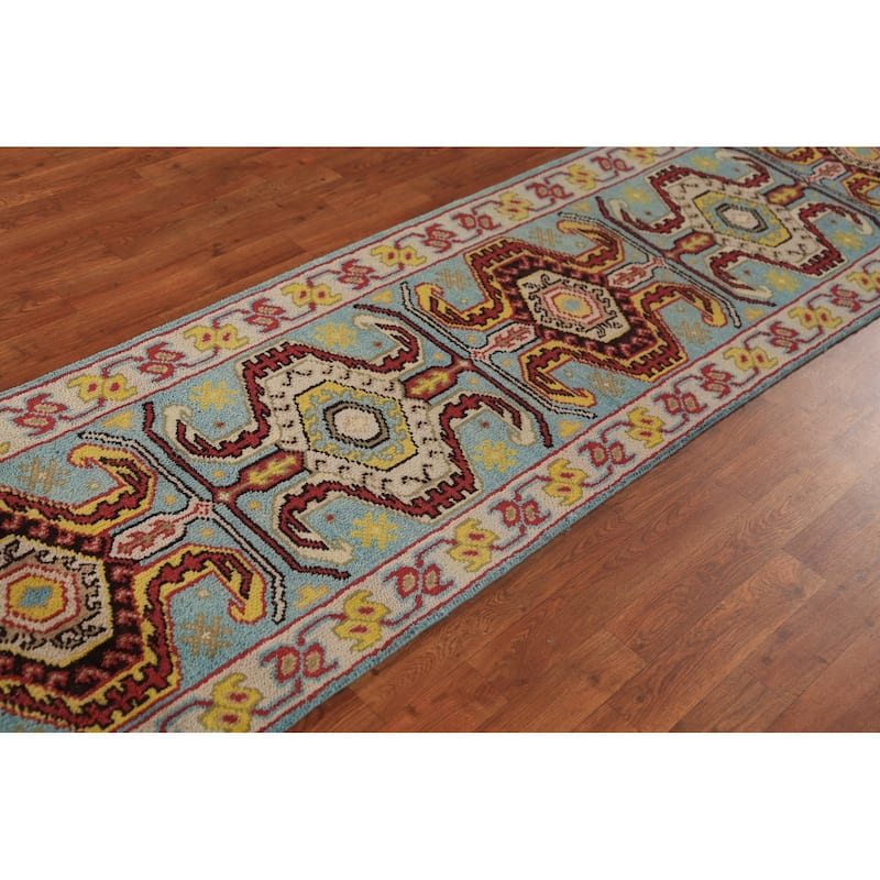 Light Blue Geometric Kazak Indian Runner Rug Handmade Wool Carpet - 2'6"x 9'11"