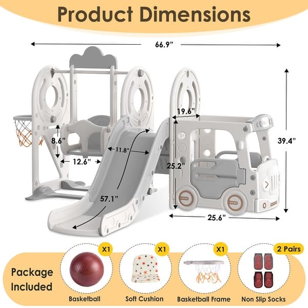 dimension image slide 1 of 2, 5 in 1 Indoor Outdoor Toddler Slide and Swing Set, Kid Slide for Toddlers Age 1-3, Bus Themed Baby Slide