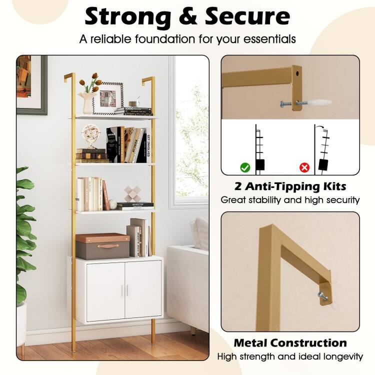 Engineered Wood Ladder Bookshelf with Cabinet Storage - 24" x 14" x 72.5"