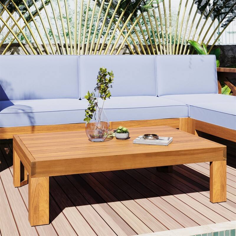 5-Piece Acacia Wood Patio Furniture Set, Outdoor Sectional Conversation Sets Sofa Set with Coffee Table and X-Back Wood Frame