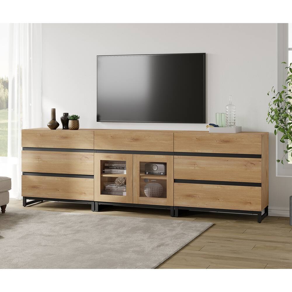 Modern TV Stand for Tvs Up to 100 Inch, 3 In 1 TV Console with Glass Doors and 7 Drawers for Living Room, Bedroom